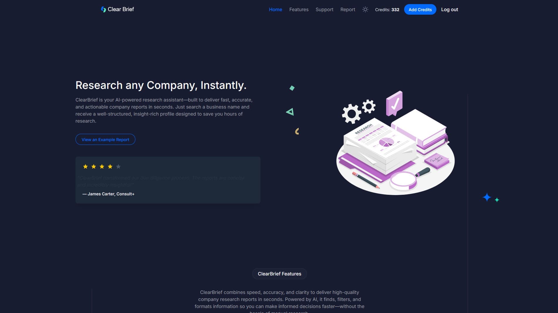 Clear Brief website — AI-powered intelligence for legal professionals.