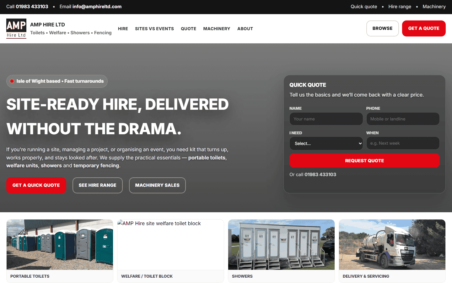 AMP Hire website — Site-ready hire, quoted without the back-and-forth.