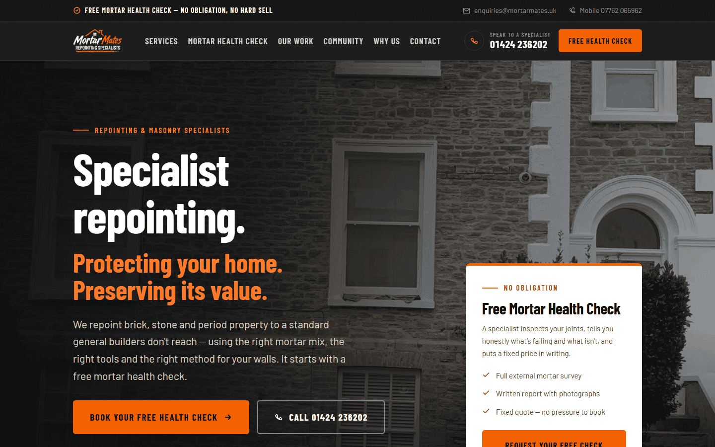Mortar Mates website — A repointing specialist built around one honest offer.